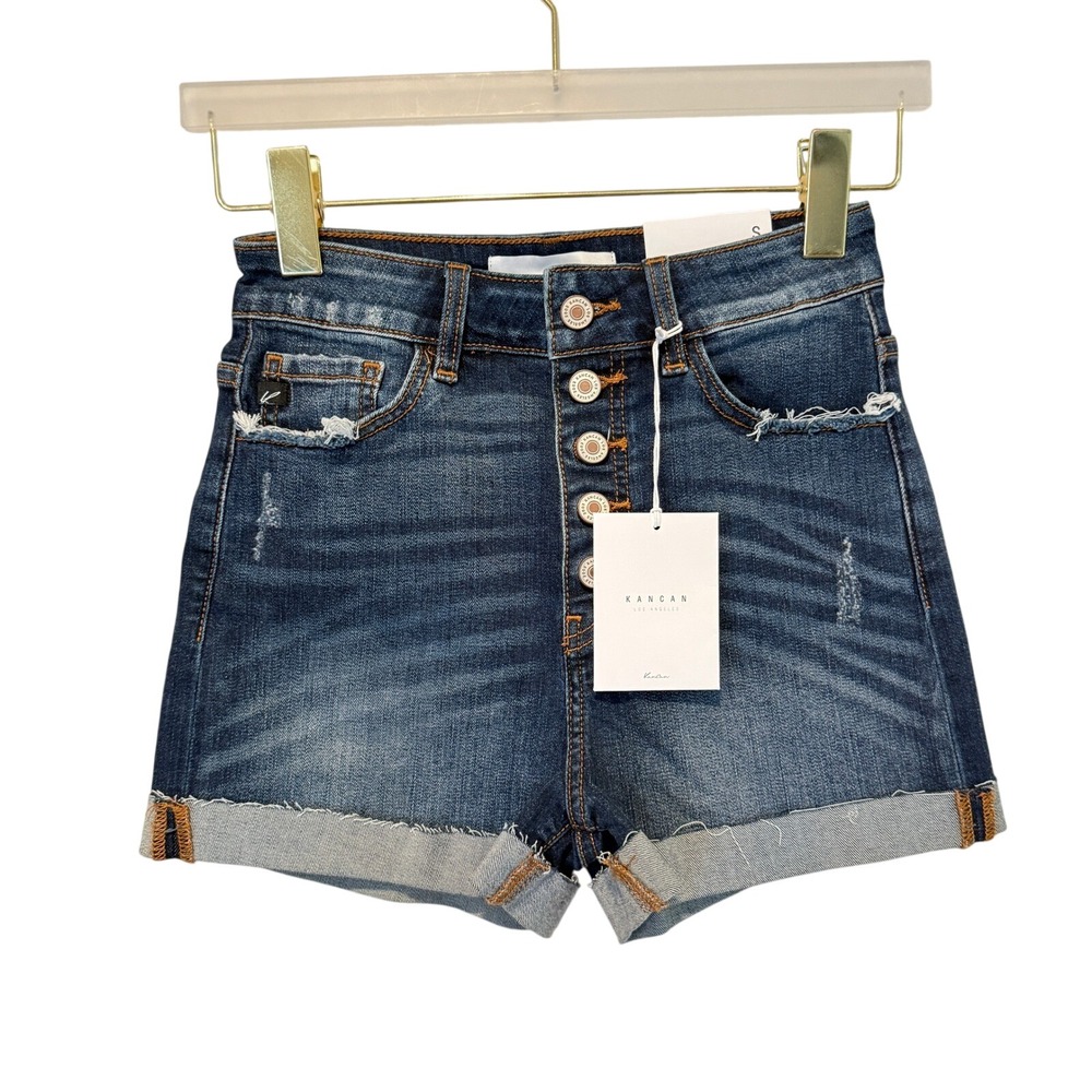 KanCan Womens High Rise Button Fly Denim Shorts Medium Wash Cuffed Raw Hem S NEW